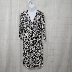Lauren Ralph Lauren Dress Black White Floral Faux Wrap Classic Retro 8
